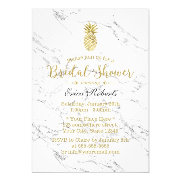 Gold Pineapple Modern Marble Bridal Shower Invitation