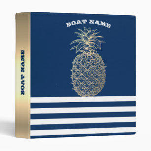 Gold Pineapple Nautical Navy Blue Striped 3 Ring Binder