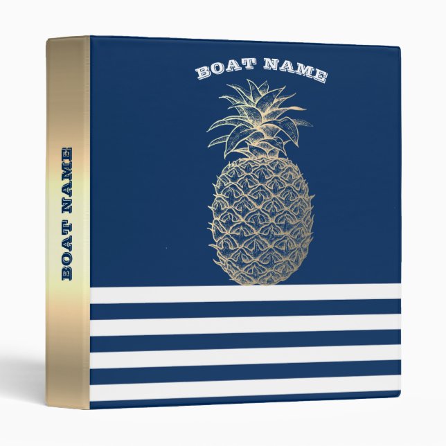 Gold Pineapple Nautical Navy Blue Striped  3 Ring Binder (Front/Spine)