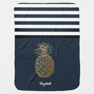 Gold Pineapple Nautical Navy Blue Striped Baby Blanket