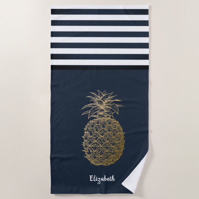 Gold Pineapple Nautical Navy Blue Striped  Beach Towel (Front)