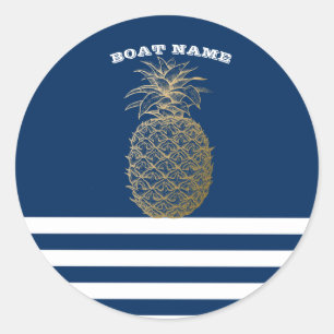 Gold Pineapple Nautical Navy Blue Striped Classic Round Sticker