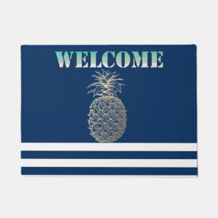 Gold Pineapple Nautical Navy Blue Striped   Doormat