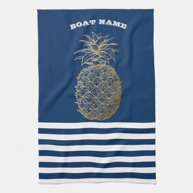 Gold Pineapple Nautical Navy Blue Striped  Kitchen Towel (Vertical)