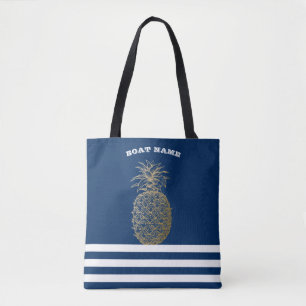 Gold Pineapple Nautical Navy Blue Striped Tote Bag