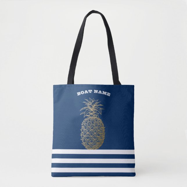 Gold Pineapple Nautical Navy Blue Striped   Tote Bag (Front)