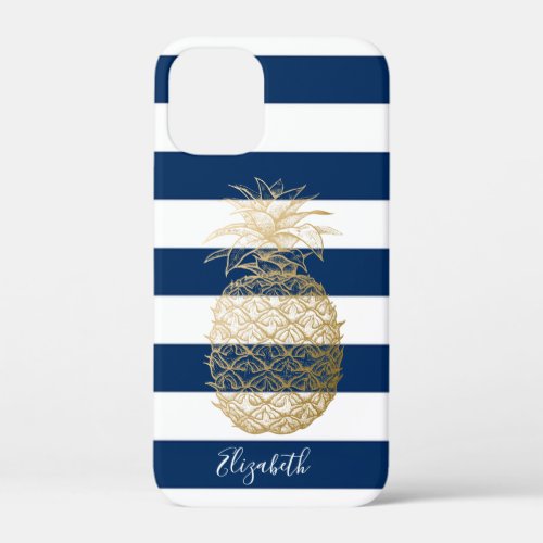 Gold Pineapple Navy Blue Striped_Personalized iPhone 12 Mini Case