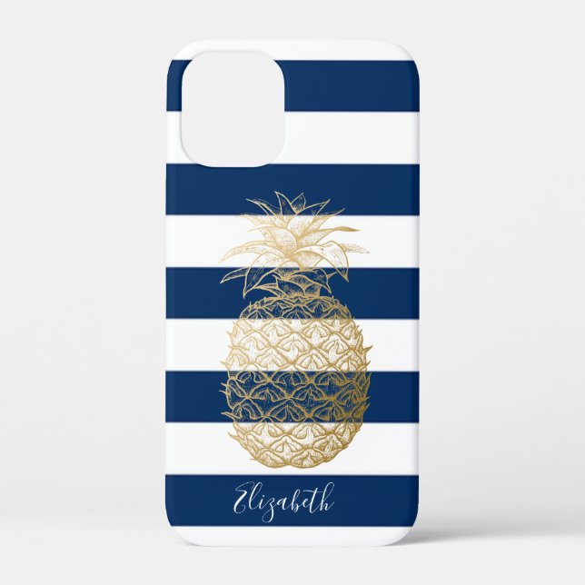 Gold Pineapple ,Navy Blue Striped-Personalized Case-Mate iPhone Case (Back)