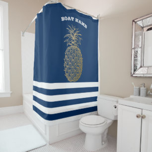 Gold Pineapple Navy Blue Striped Shower Curtain