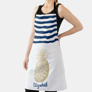 Gold Pineapple Navy Blue White Striped Apron