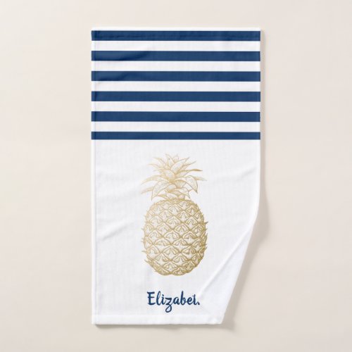 Gold Pineapple  Navy Blue White Striped  Bath Towel Set