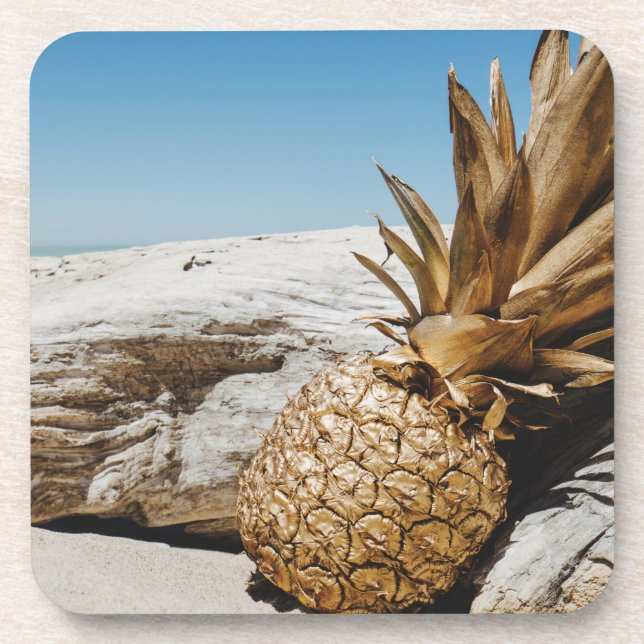 Gold pineapple on the beach beverage coaster (Front)