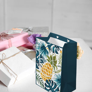 Gold pineapple palm foliage green blue tropical medium gift bag