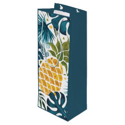 Gold pineapple palm foliage green blue wine gift bag