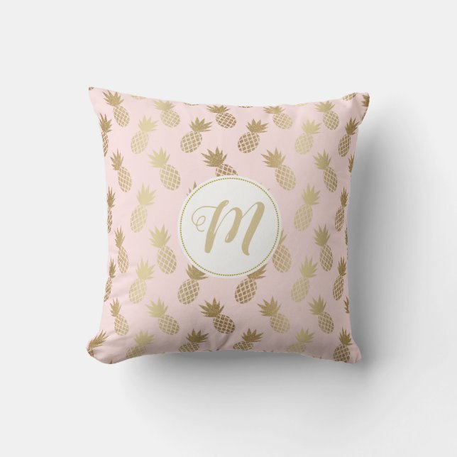 Gold Pineapple Pattern and Monogram Throw Pillow (Front)