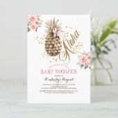 Gold Pineapple Pink Floral Beach Baby Shower Invitation (Standing Front)