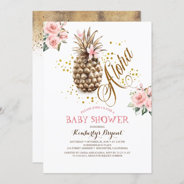 Gold Pineapple Pink Floral Beach Baby Shower Invitation (Front/Back)