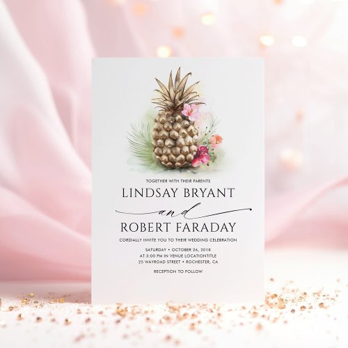 Gold Pineapple Pink Floral Beach Wedding Invitation