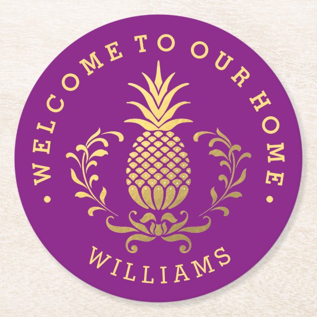 Gold Pineapple Round Paper Coaster (Front)