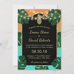 Gold Pineapple String Lights Tropical Wedding Invitation