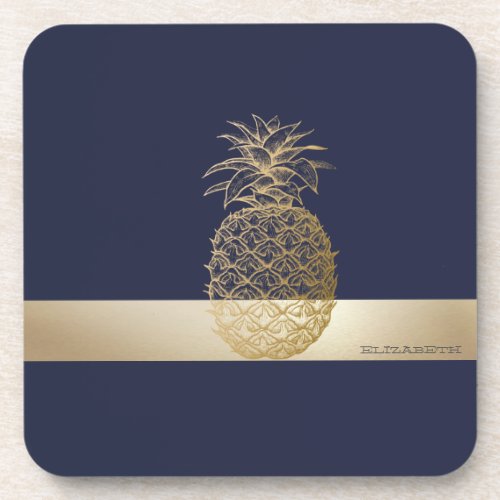 Gold PineappleStripe  _Personalized  Beverage Coaster