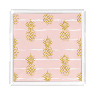 Gold Pineapple, Striped Summer Background. Acrylic Tray