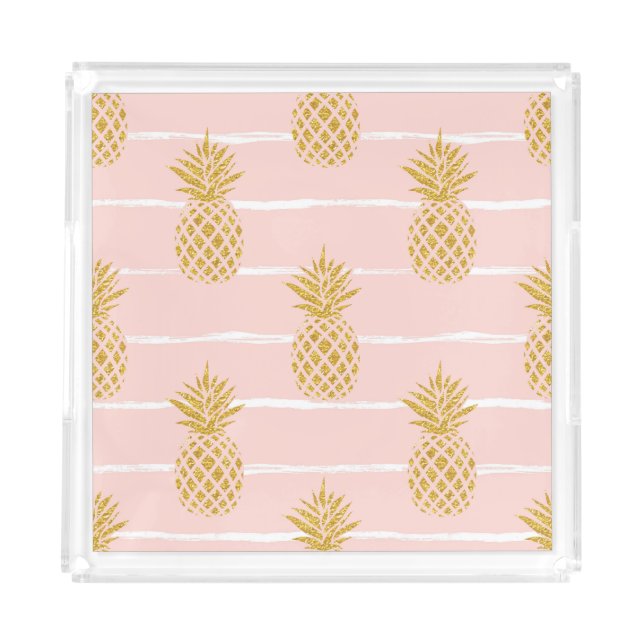 Gold Pineapple, Striped Summer Background. Acrylic Tray (Front)