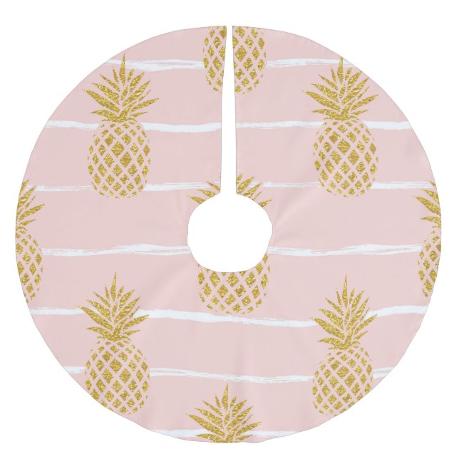 Gold Pineapple, Striped Summer Background. Brushed Polyester Tree Skirt (Front)