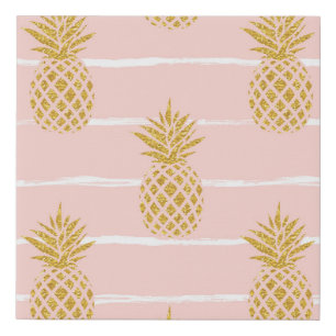 Gold Pineapple, Striped Summer Background. Faux Canvas Print