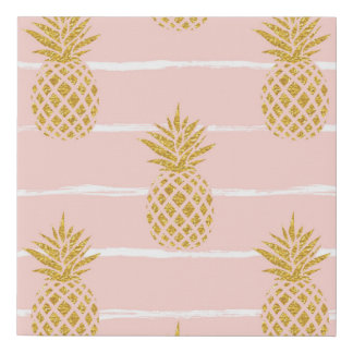 Gold Pineapple, Striped Summer Background. Faux Canvas Print