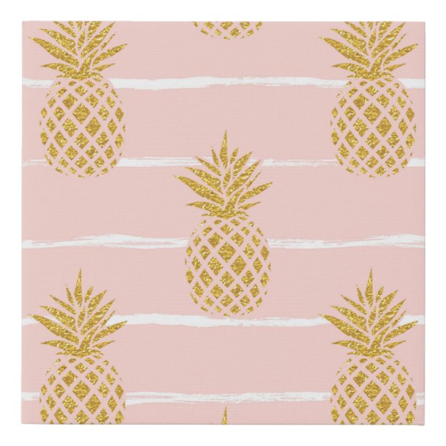 Gold Pineapple, Striped Summer Background. Faux Canvas Print (Front)