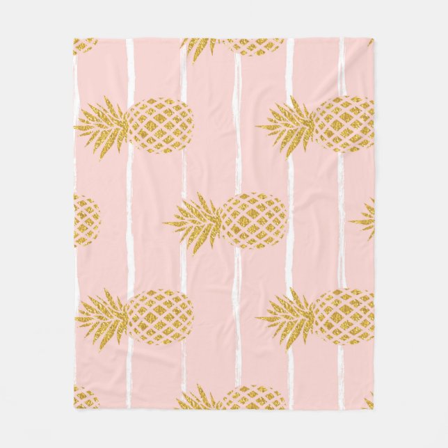 Gold Pineapple, Striped Summer Background. Fleece Blanket (Front)