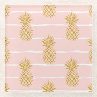 Gold Pineapple, Striped Summer Background. Glass Coaster