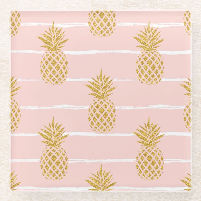 Gold Pineapple, Striped Summer Background. Glass Coaster (Front)