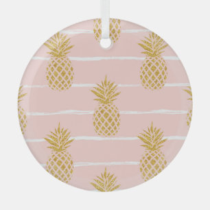Gold Pineapple, Striped Summer Background. Glass Ornament