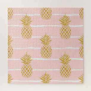 Gold Pineapple, Striped Summer Background. Jigsaw Puzzle
