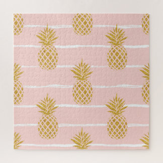 Gold Pineapple, Striped Summer Background. Jigsaw Puzzle