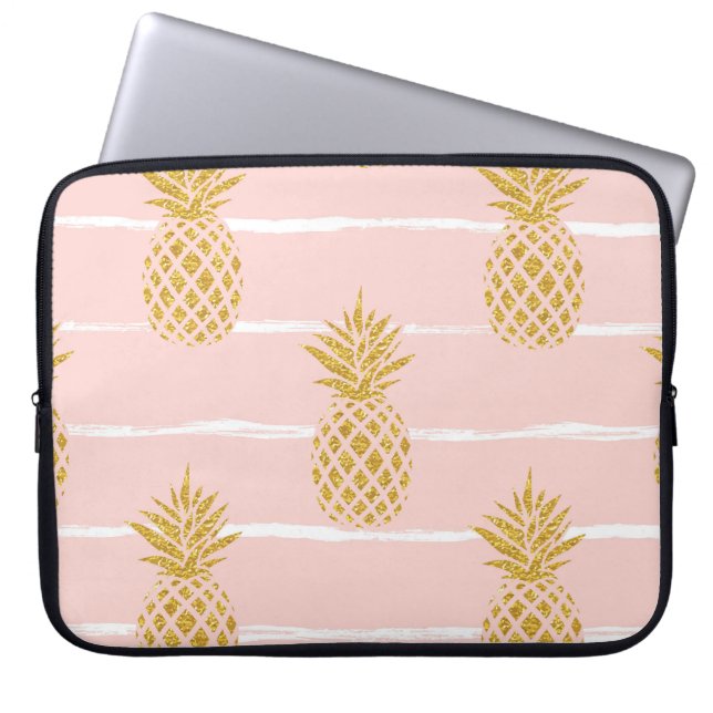 Gold Pineapple, Striped Summer Background. Laptop Sleeve (Front)