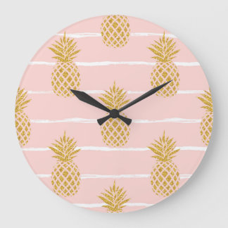 Gold Pineapple, Striped Summer Background. Large Clock