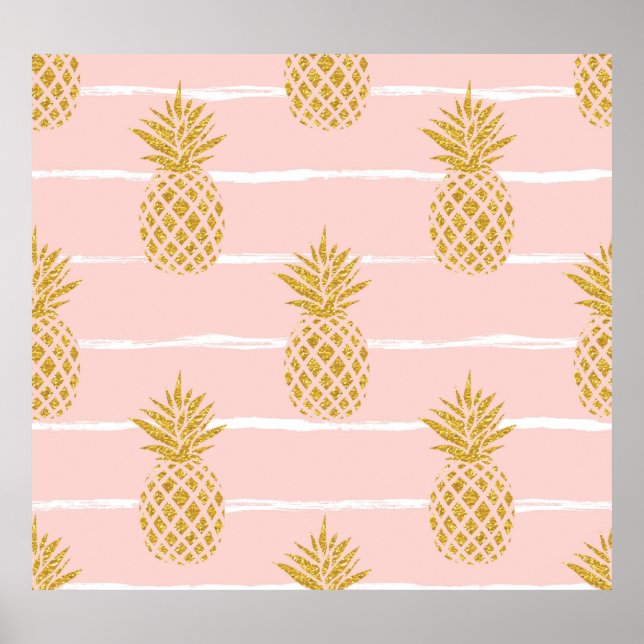 Gold Pineapple, Striped Summer Background. Poster (Front)