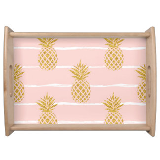 Gold Pineapple, Striped Summer Background. Serving Tray
