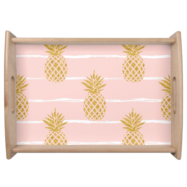 Gold Pineapple, Striped Summer Background. Serving Tray (Front)