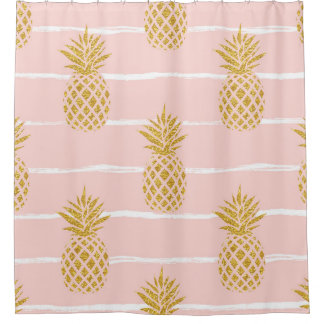 Gold Pineapple, Striped Summer Background. Shower Curtain