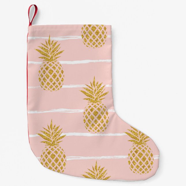 Gold Pineapple, Striped Summer Background. Small Christmas Stocking (Front)