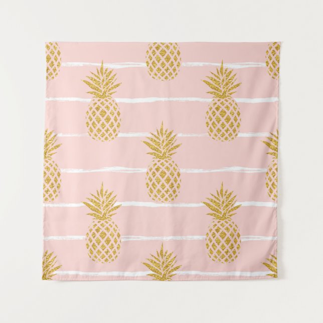 Gold Pineapple, Striped Summer Background. Tapestry (Front)