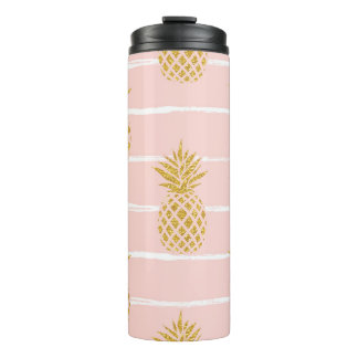 Gold Pineapple, Striped Summer Background. Thermal Tumbler