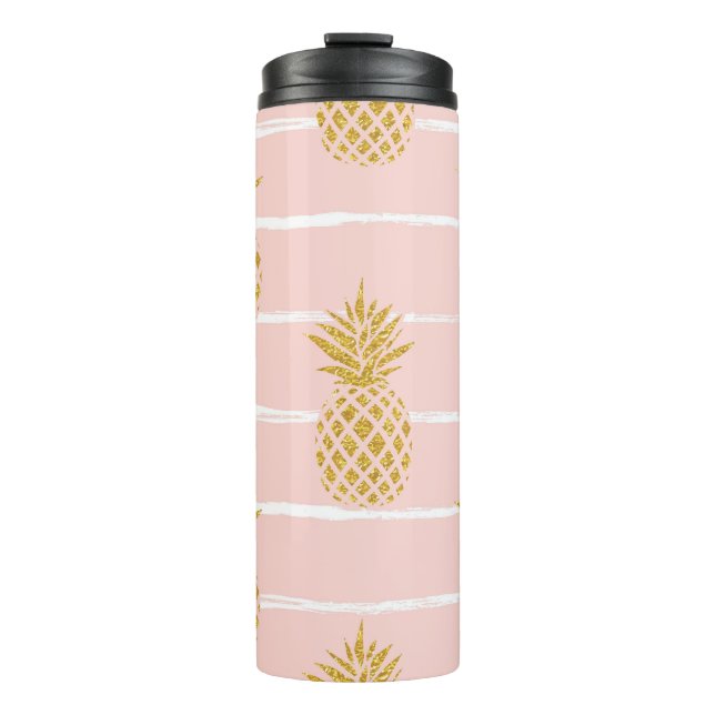 Gold Pineapple, Striped Summer Background. Thermal Tumbler (Front)