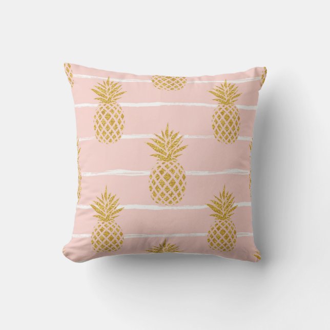 Gold Pineapple, Striped Summer Background. Throw Pillow (Front)