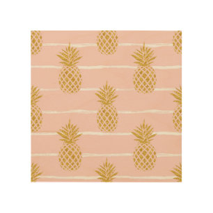 Gold Pineapple, Striped Summer Background. Wood Wall Art