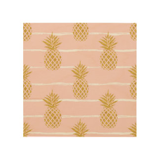 Gold Pineapple, Striped Summer Background. Wood Wall Art